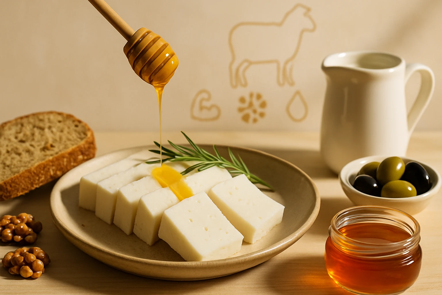 Egy tányéron szeletelt sajt, méz csöpög a sajtra, mellette olajbogyók és kenyér.