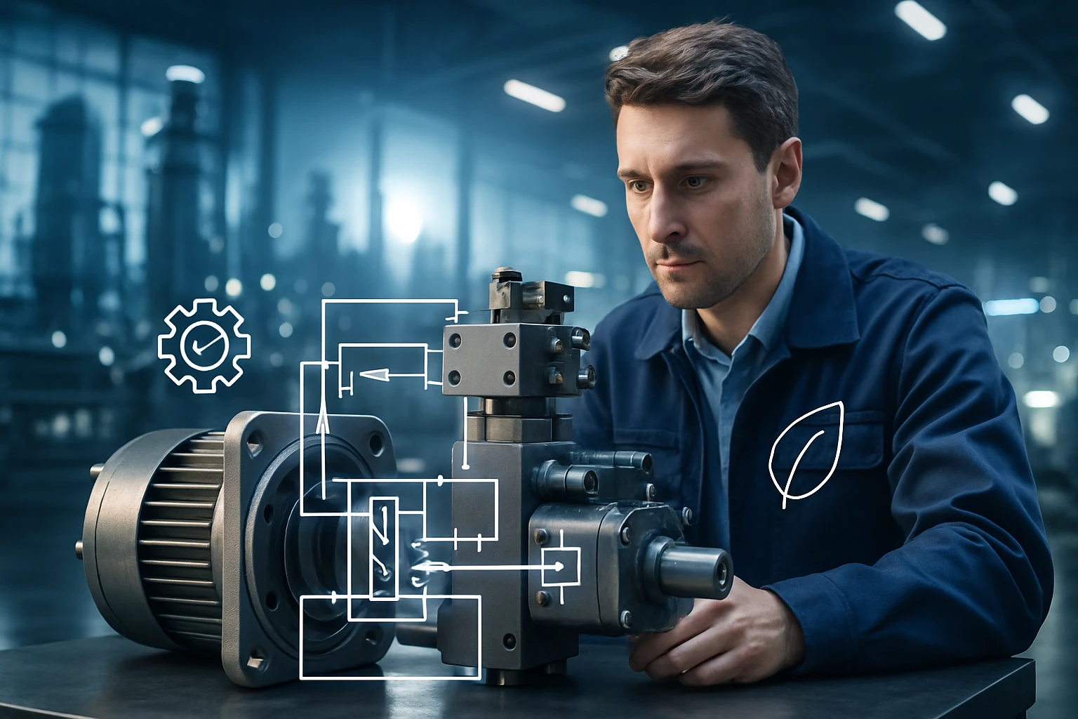 Egy mérnök egy ipari gép alkatrészét vizsgálja, miközben technikai rajzok láthatók a háttérben.