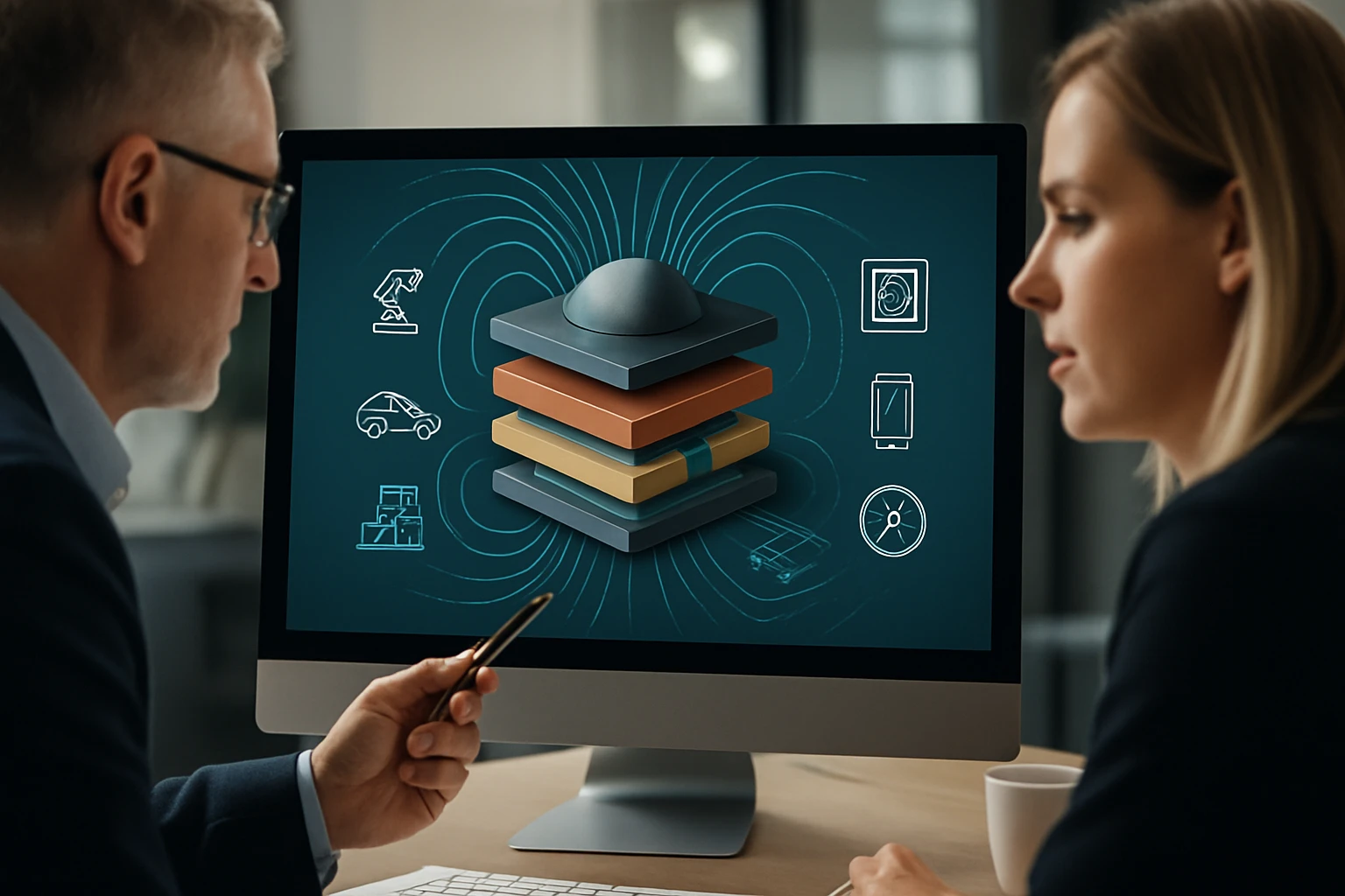 Két ember egy számítógép előtt, amelyen különböző ipari ikonok és rétegek láthatók.