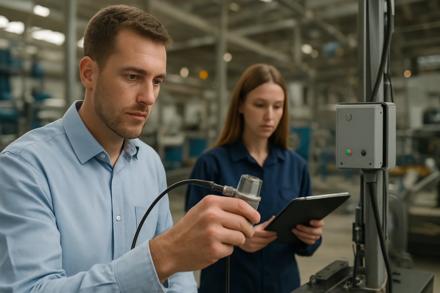 Két szakember egy ipari környezetben, az egyik műszerrel, a másik táblagéppel dolgozik.
