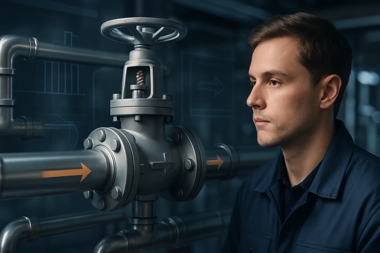 Egy fiatal férfi figyelmesen néz egy ipari szelepre, amely mellett csövek futnak.