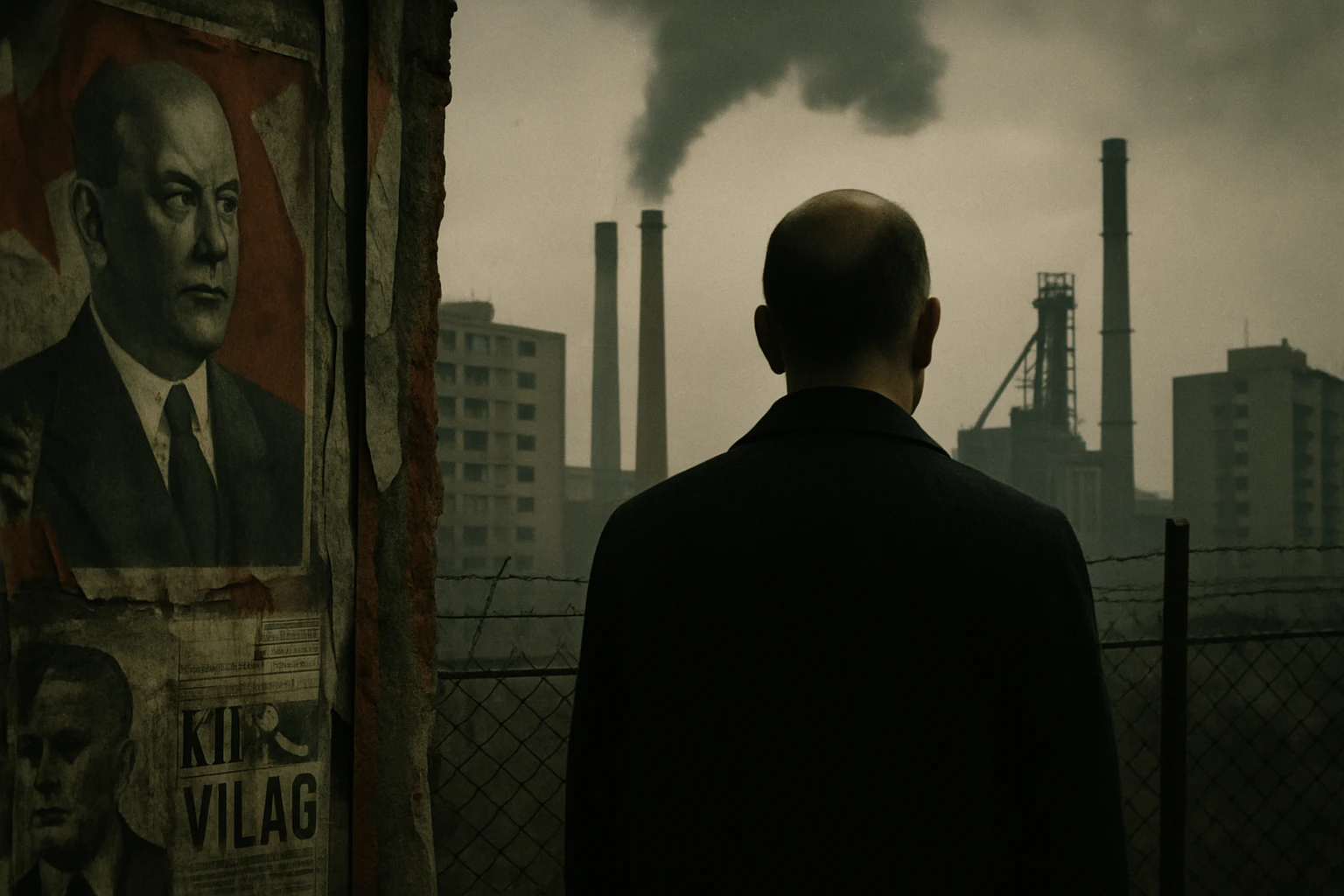 Egy férfi háttal áll egy ipari táj előtt, balra egy politikai plakát látható.