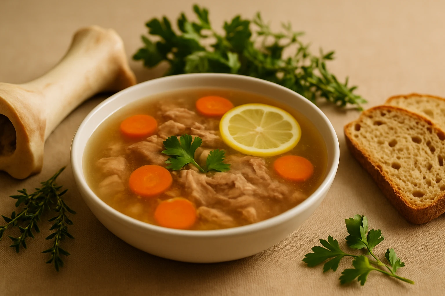 Tálban friss zöldségekkel és citromszeletekkel díszített húsleves.