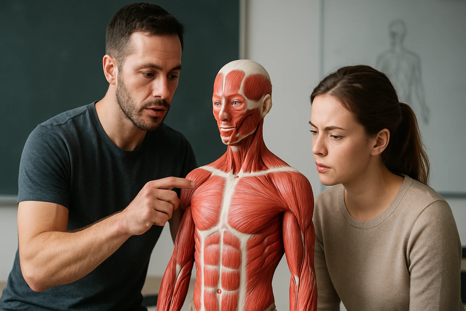 Két ember tanulmányoz egy részletes emberi izommodellt egy tanteremben.