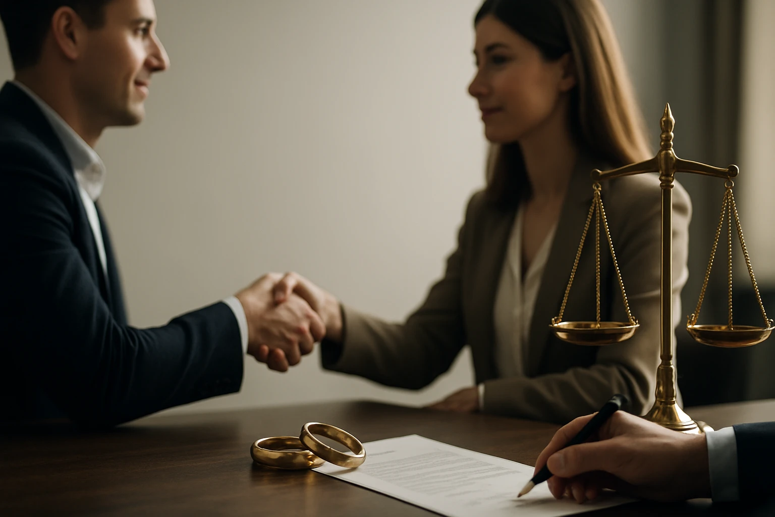 Két ember kezet fog, mögöttük jogi mérleg és házassági gyűrűk láthatók egy asztalon.