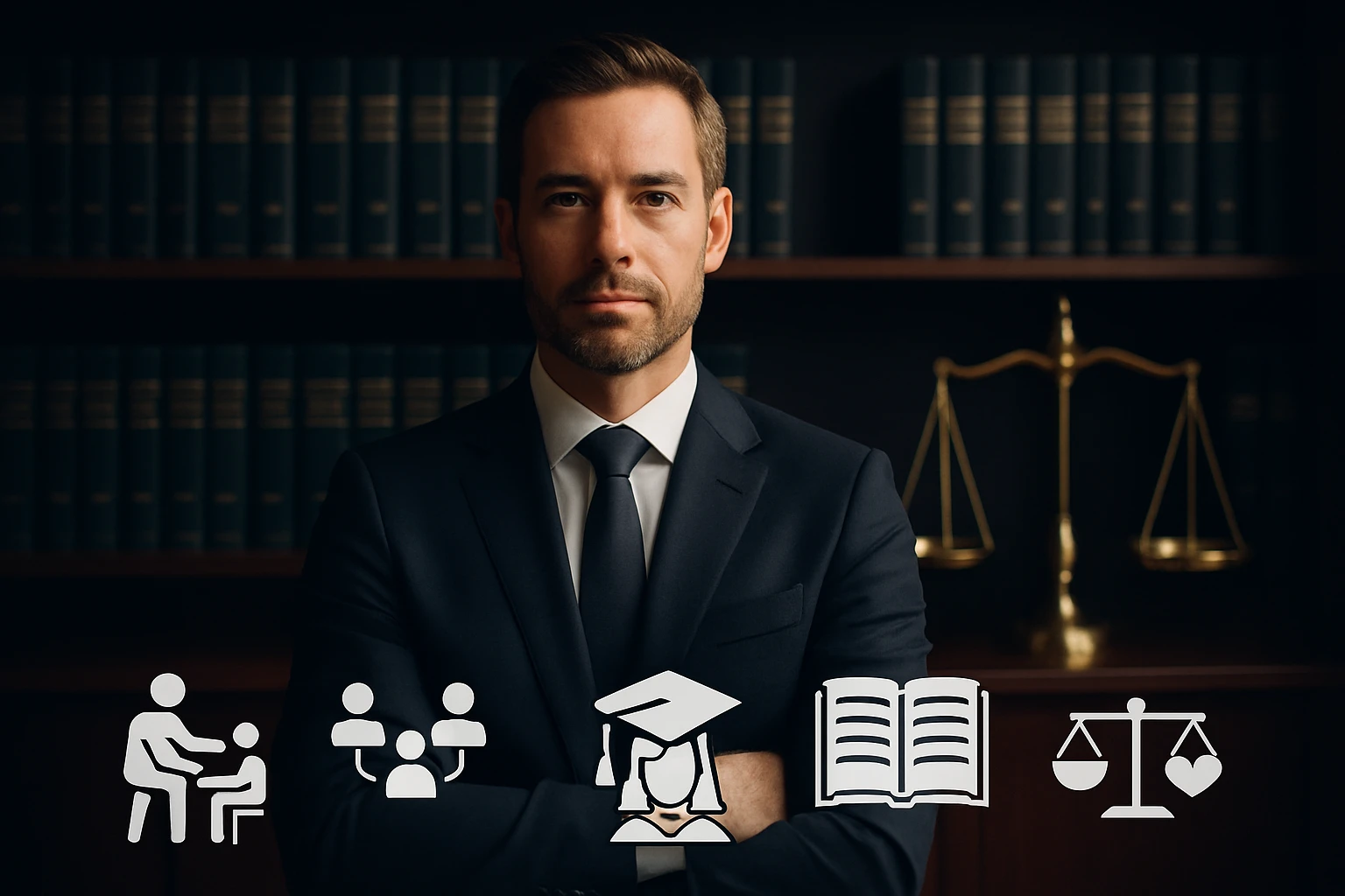 Egy férfi öltönyben, komoly arccal áll egy könyvespolc előtt, jogi szimbólumokkal.