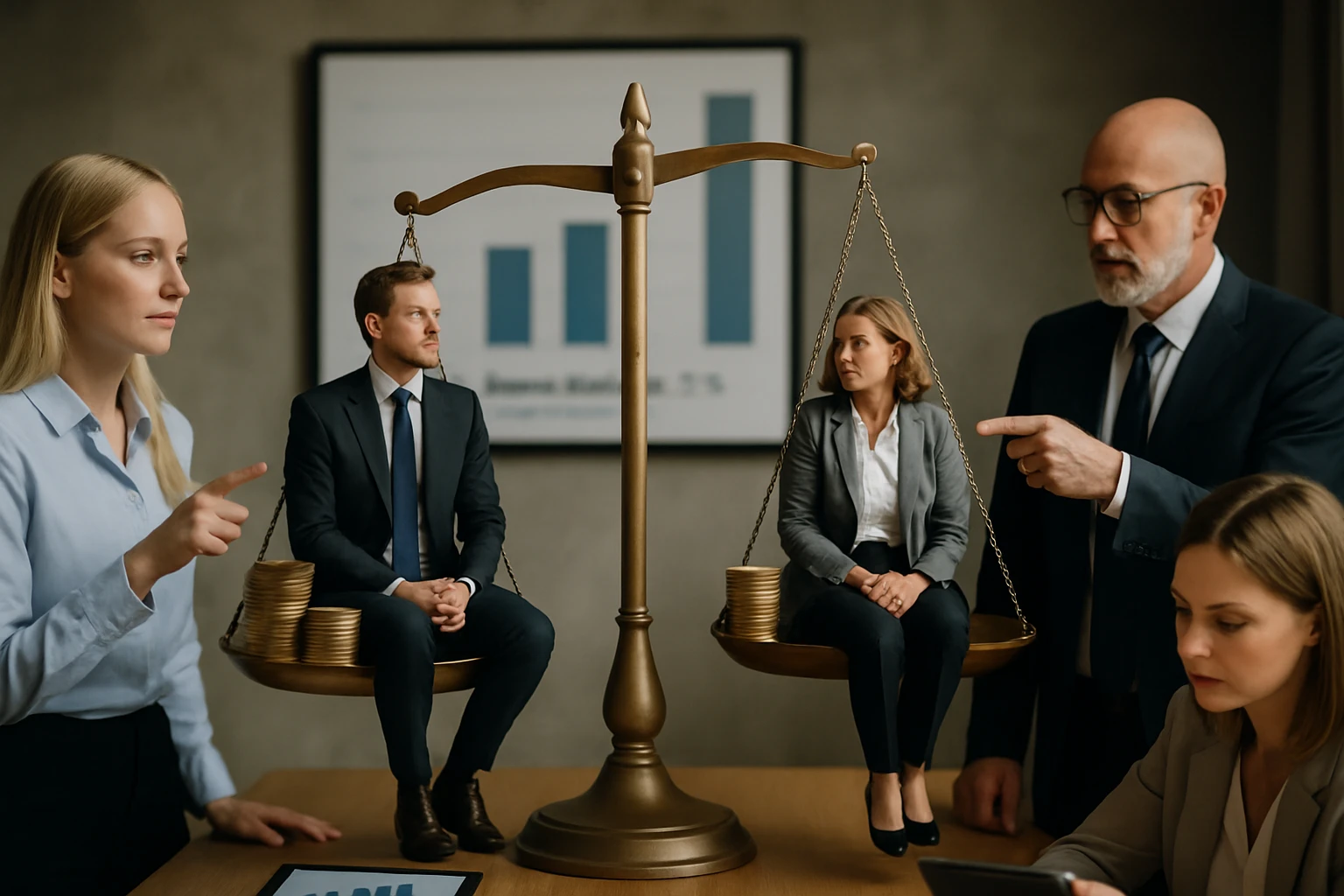 Egy jogi tárgyaláson ügyvédek és ügyfelek vitatkoznak, a mérleg szimbolikus jelentőséggel bír.