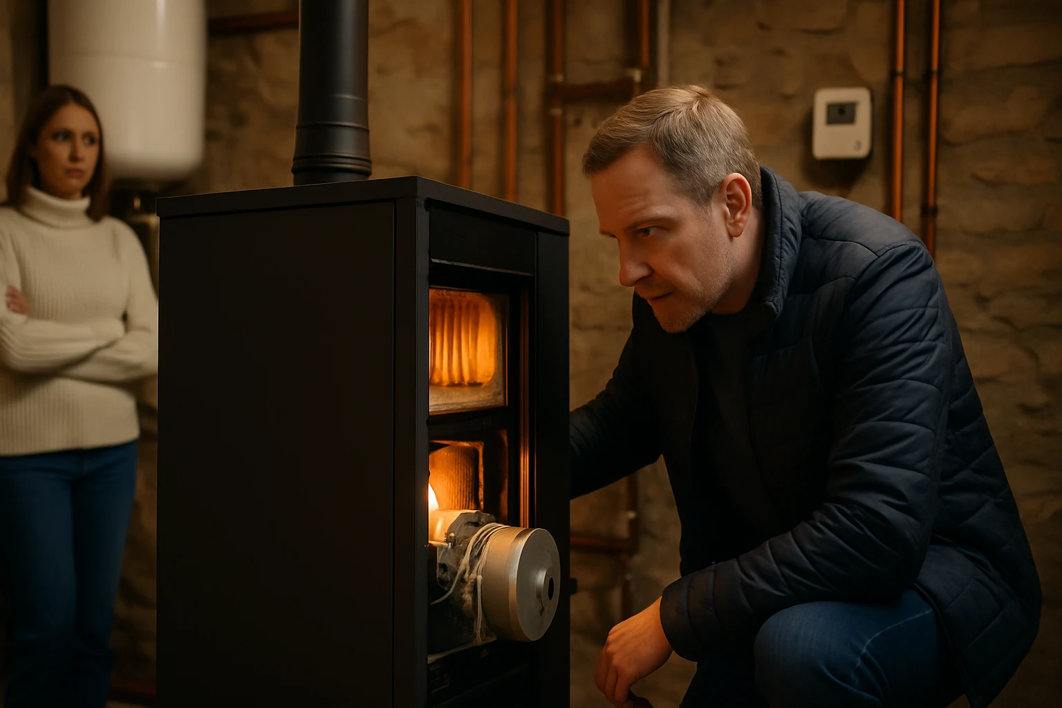 Egy férfi a kandallóban lángot ellenőriz, míg egy nő aggódva nézi.