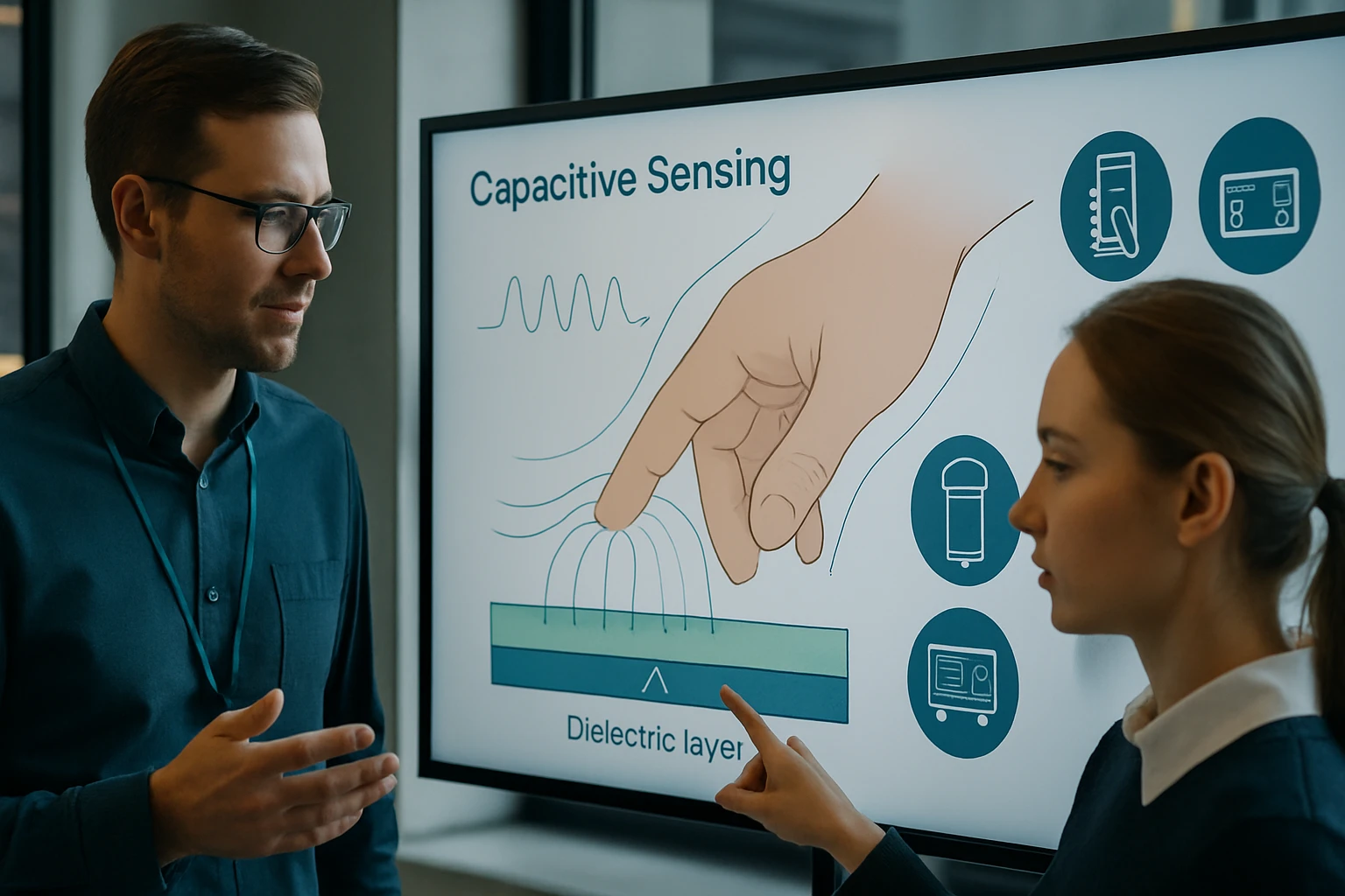 Két ember egy prezentáción áll, ahol a kapacitív érzékelés működését mutatják be.