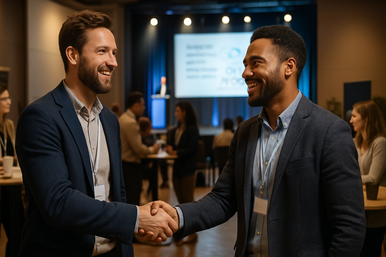 Két férfi kezet fog egy konferencián, mosolyogva beszélgetnek.