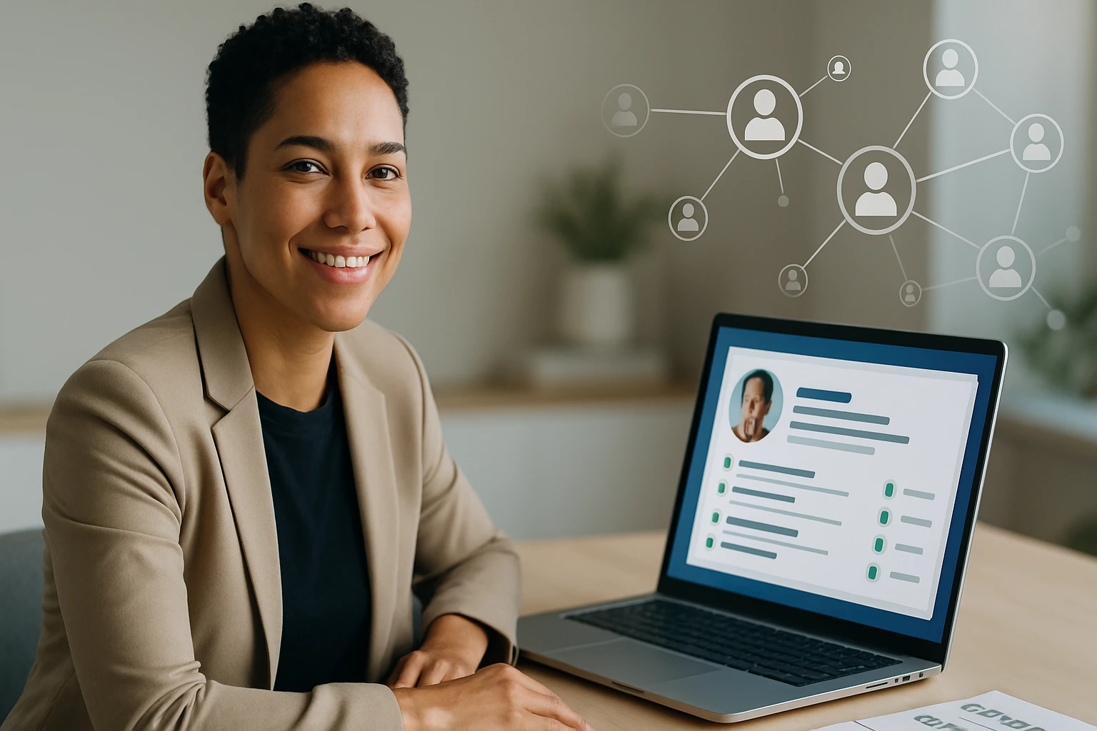 Egy fiatal nő mosolyogva ül egy asztalnál, laptop előtt, háttérben kapcsolati háló ikonokkal.