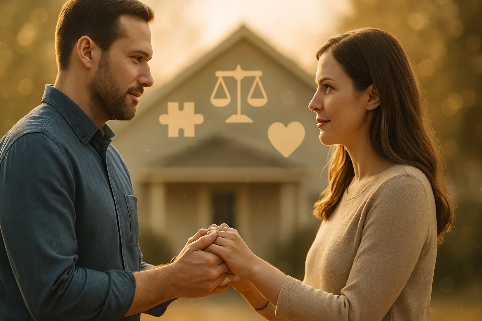 Egy férfi és egy nő kézen fogva állnak, háttérben egy ház látható, szimbólumok lebegnek körülöttük.