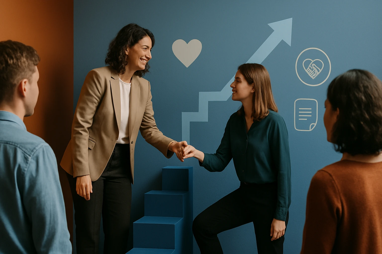 Két nő kezet fog, miközben egy lépcsőn állnak, háttérben színes fal.