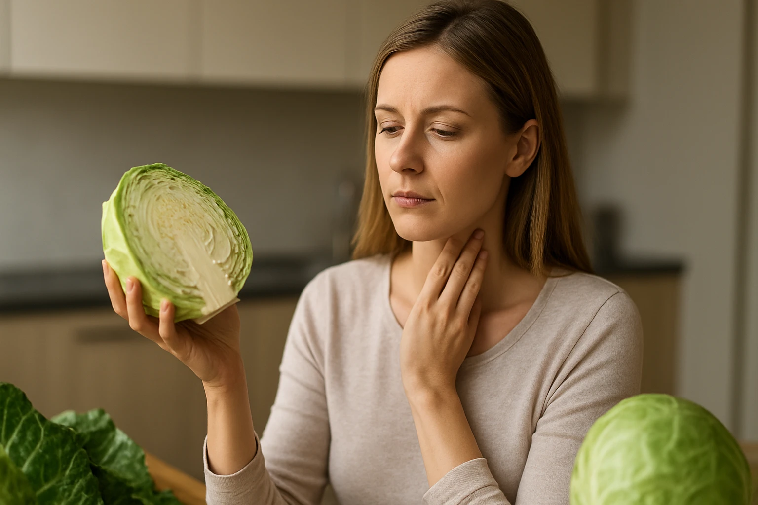 Egy nő egy félbevágott káposztát tart a kezében, miközben elgondolkodva néz rá.
