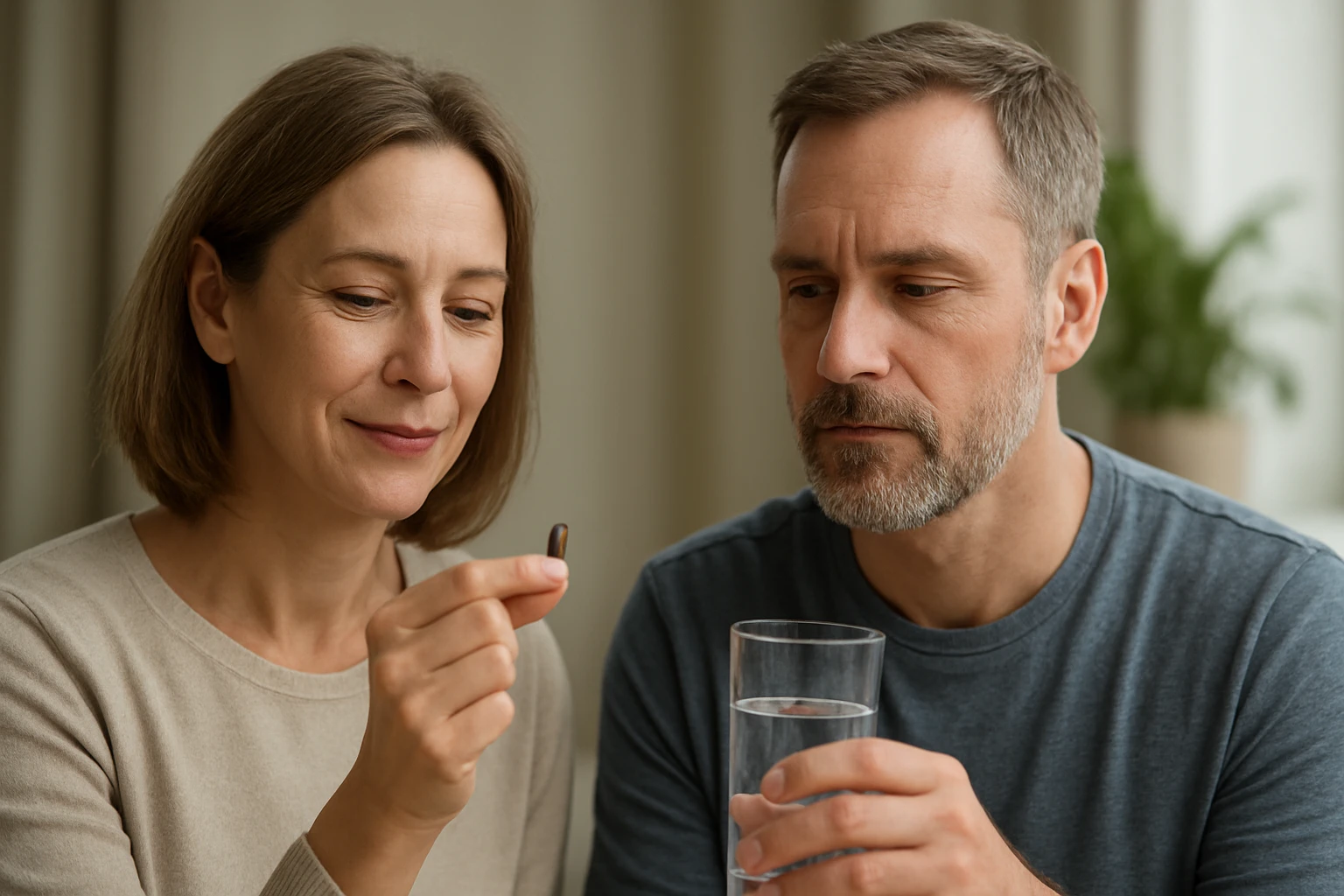 Egy nő és egy férfi ül egy asztalnál, a nő egy kapszulát tart a kezében, míg a férfi vízzel teli poharat néz.