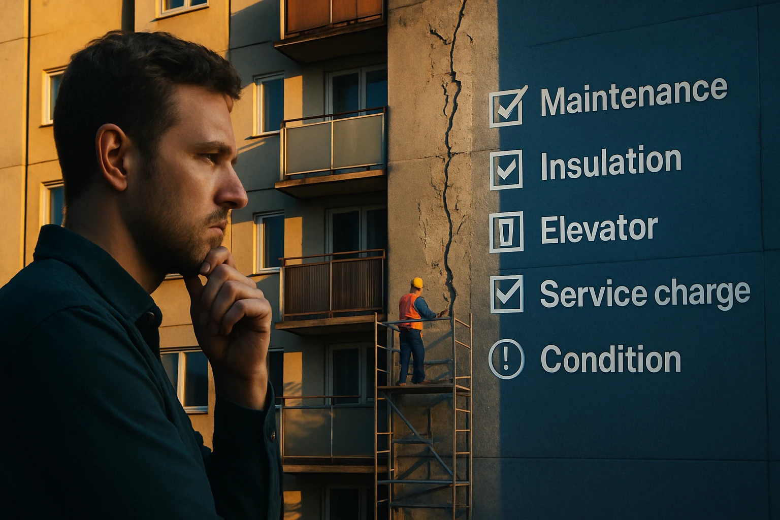 Egy férfi gondolkodik, miközben egy épület falán karbantartási lista látható.