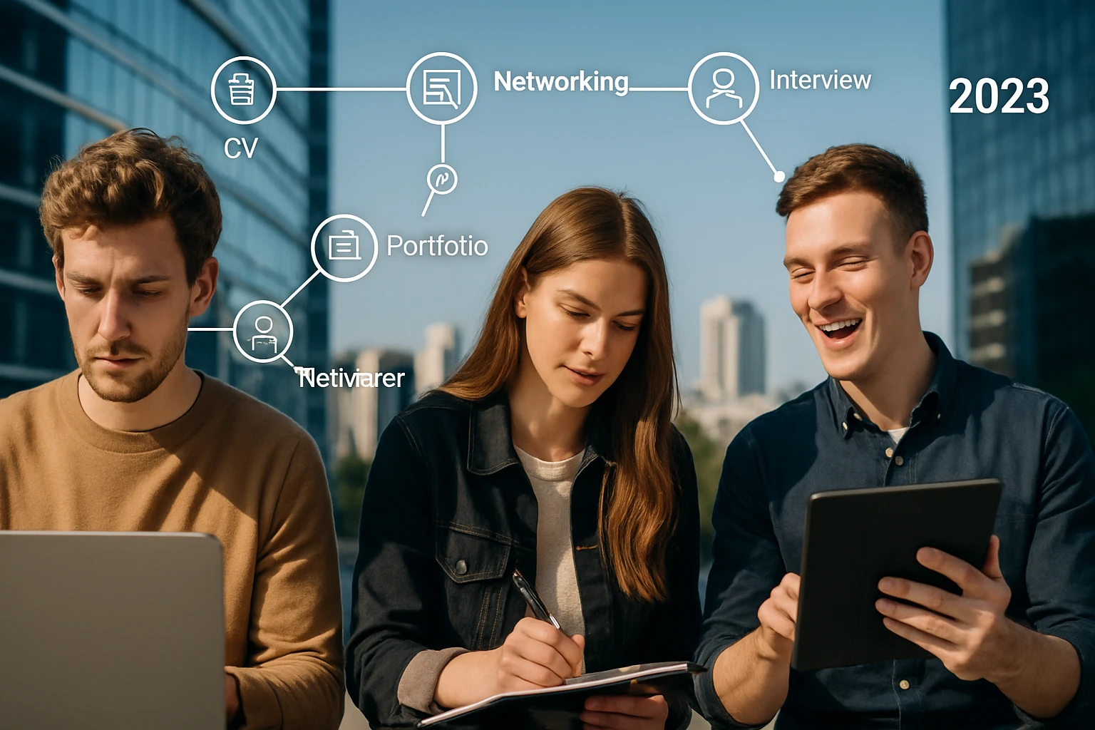 Három fiatal felnőtt ül egy asztalnál, laptopon és táblagépen dolgoznak, városi háttérrel.