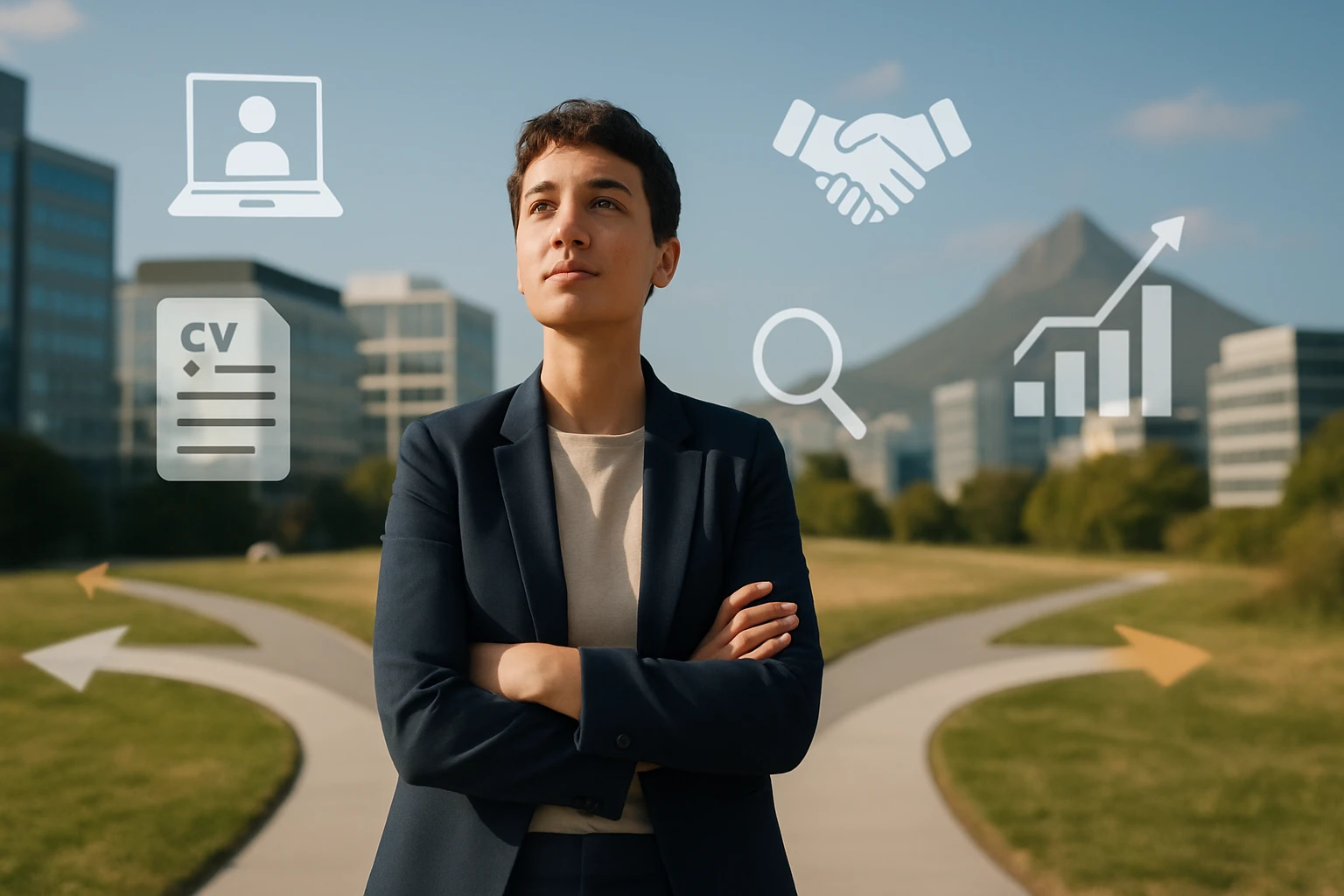 Egy fiatal nő öltönyben áll, karba tett kézzel, a háttérben modern épületek és hegy látható.