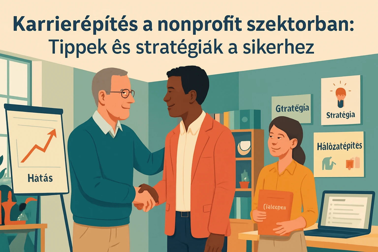 Két férfi kezet fog, miközben egy nő egy mappát tart a kezében, háttérben grafikonokkal.