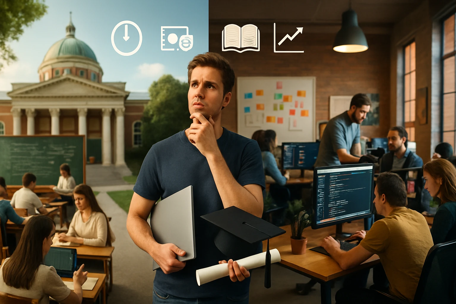 Egy fiatal férfi laptopot és diplomát tart, miközben egyetem előtt áll.