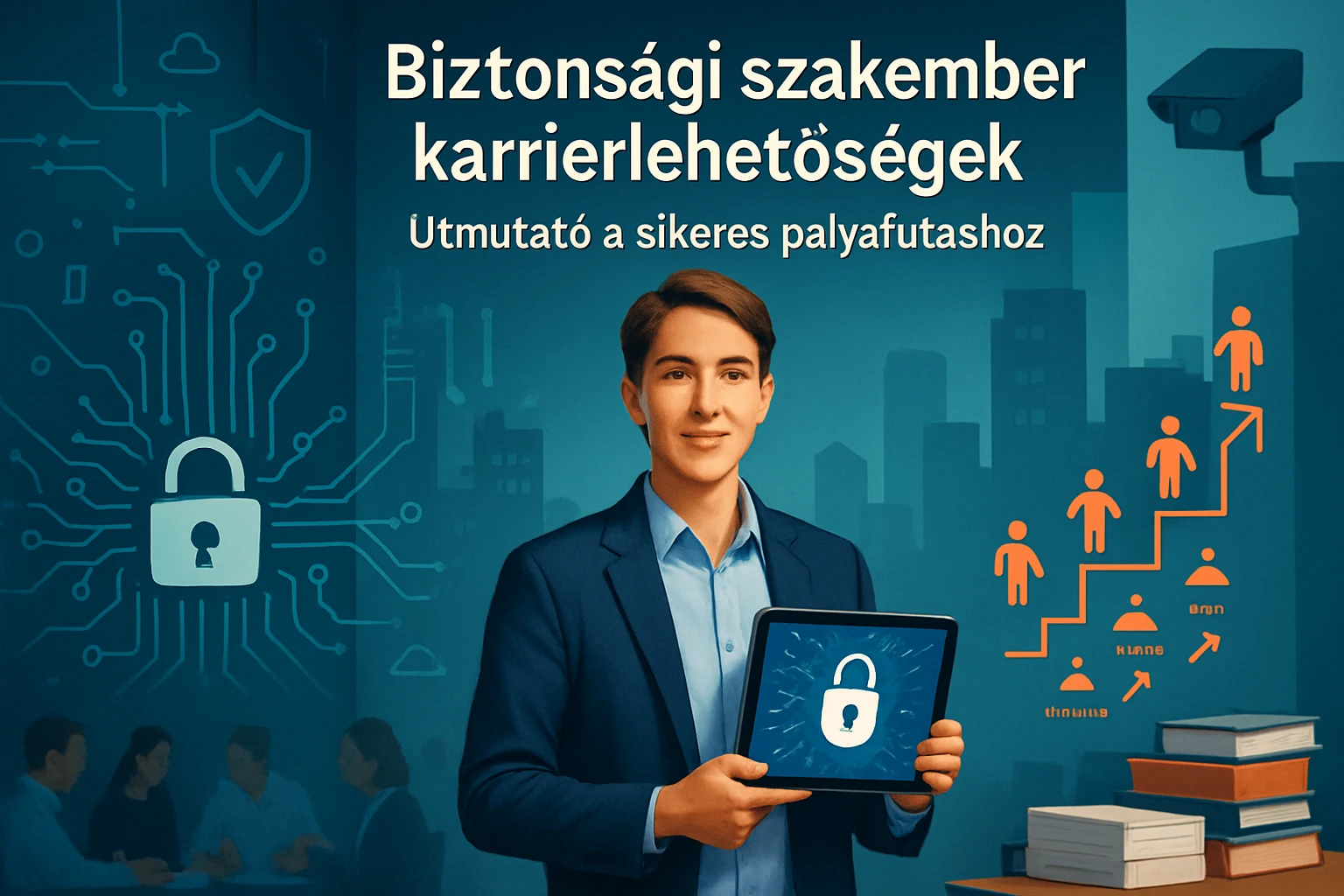 Egy fiatal férfi tabletet tart a kezében, amelyen zár ikon látható, háttérben biztonsági szimbólumokkal.