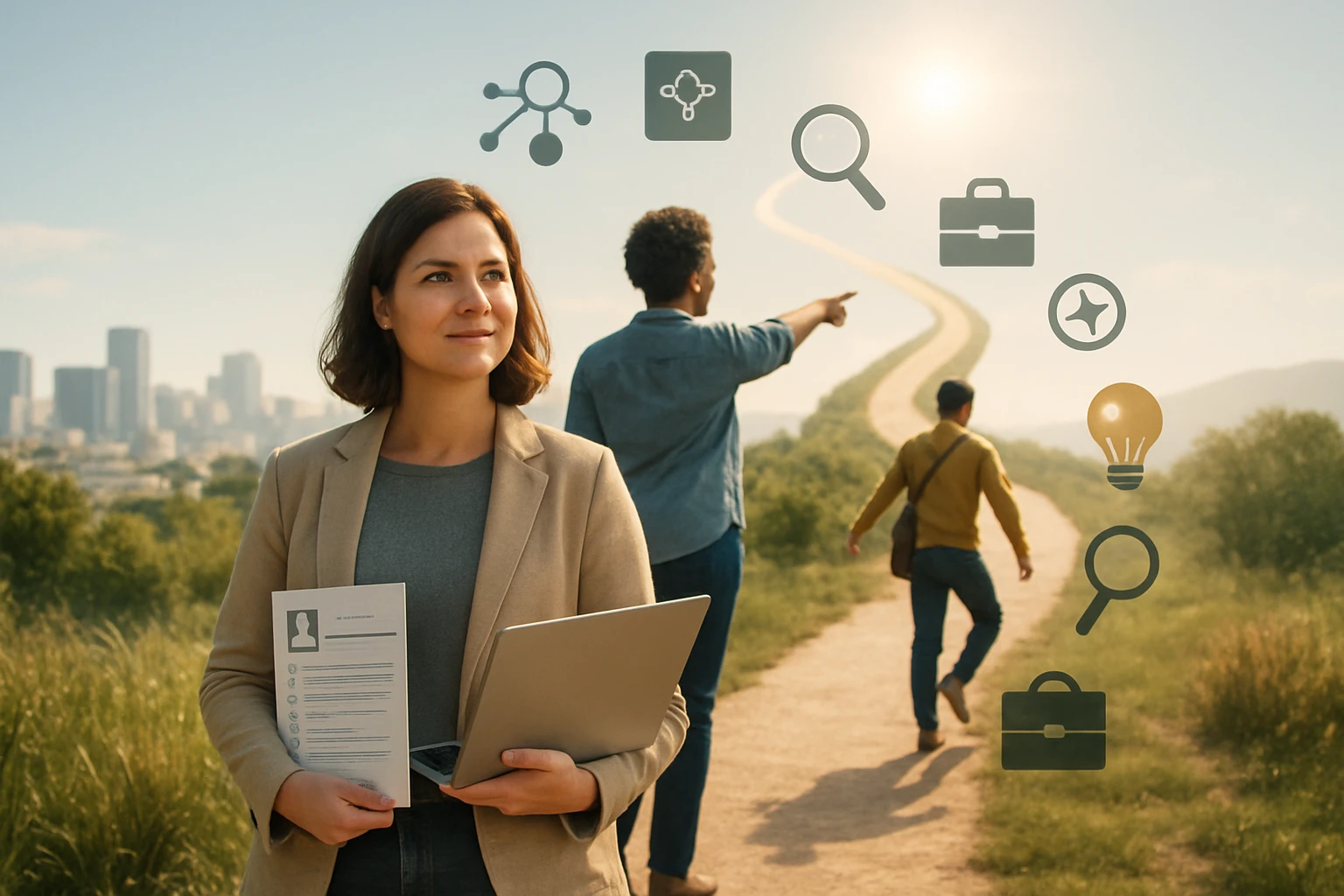 Egy fiatal nő laptopot és önéletrajzot tart, miközben a távolban férfiak egy ösvényen haladnak.