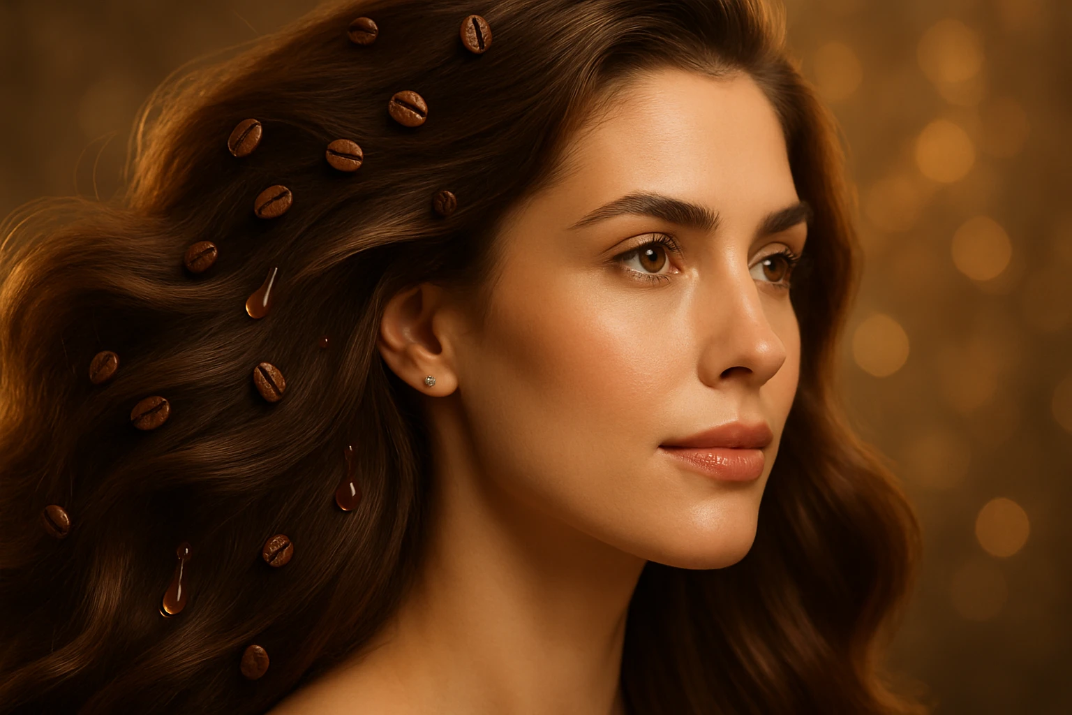 Egy nő arca, hosszú, hullámos hajában kávészemek és csokoládé cseppek láthatók.