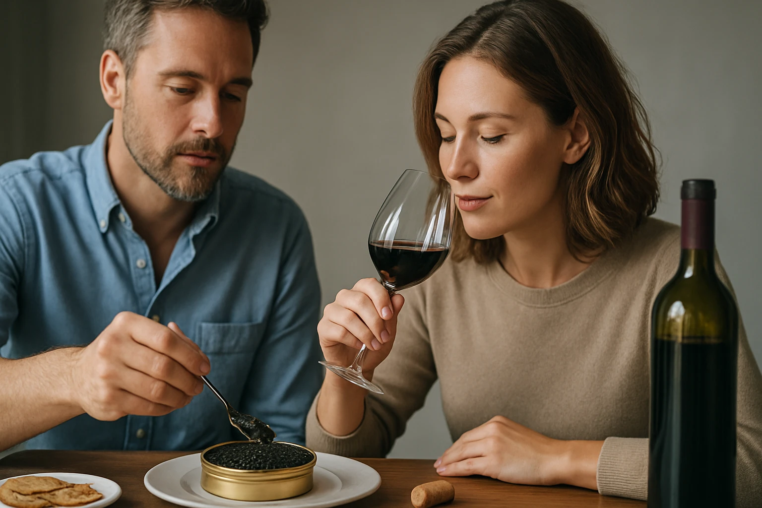 Egy férfi és egy nő kaviárt fogyasztanak, miközben vörösbort kóstolnak.