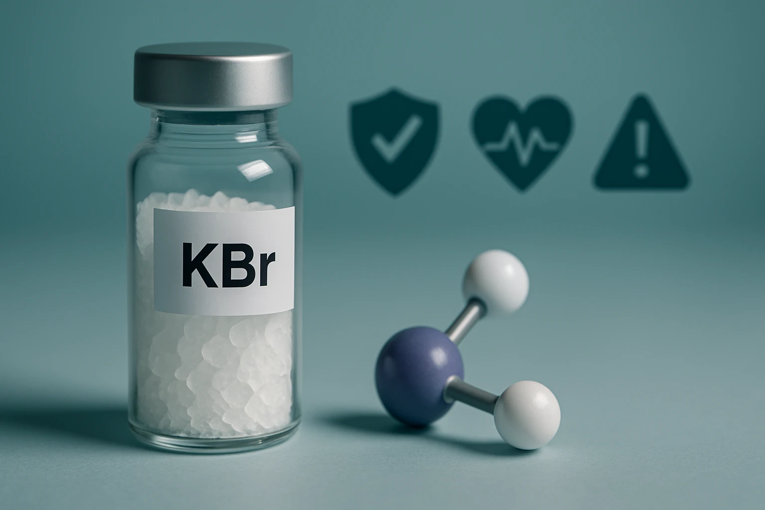 Egy KBr feliratú üvegpalack, benne fehér kristályok, mellett egy molekula modell.