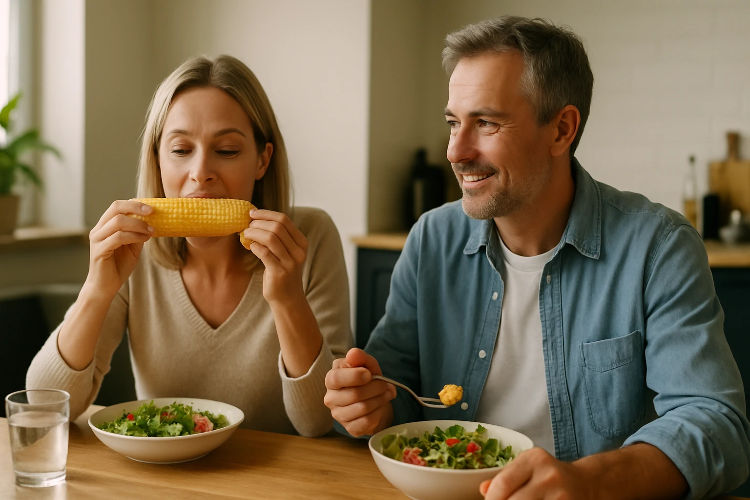 Egy nő éppen kukoricát eszik, míg egy férfi mosolyogva nézi őt, az asztalon saláták vannak.