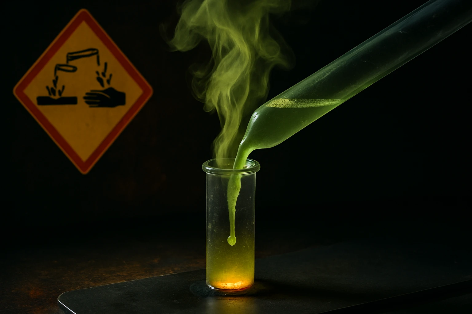 Zöld színű folyadék gőzölög egy kémcsőből, háttérben figyelmeztető tábla.