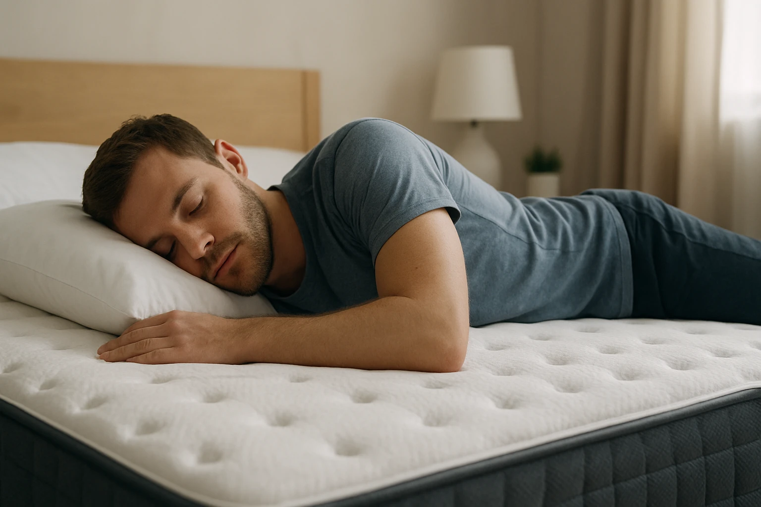 Egy fiatal férfi békésen alszik egy kényelmes matracon, párnára hajtott fejjel.
