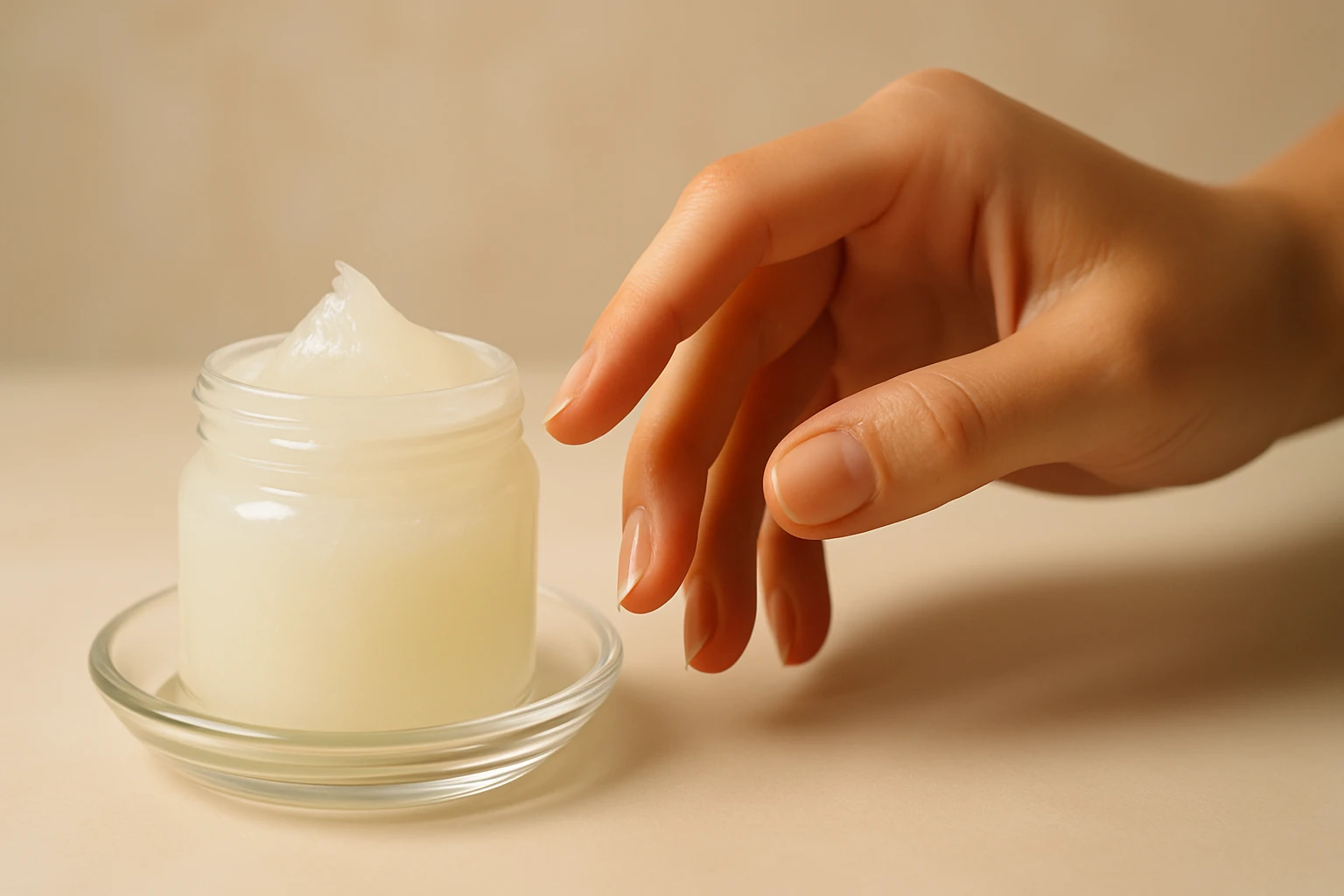 Egy kéz éppen egy üveg krémhez nyúl, amely egy átlátszó tálcán áll.