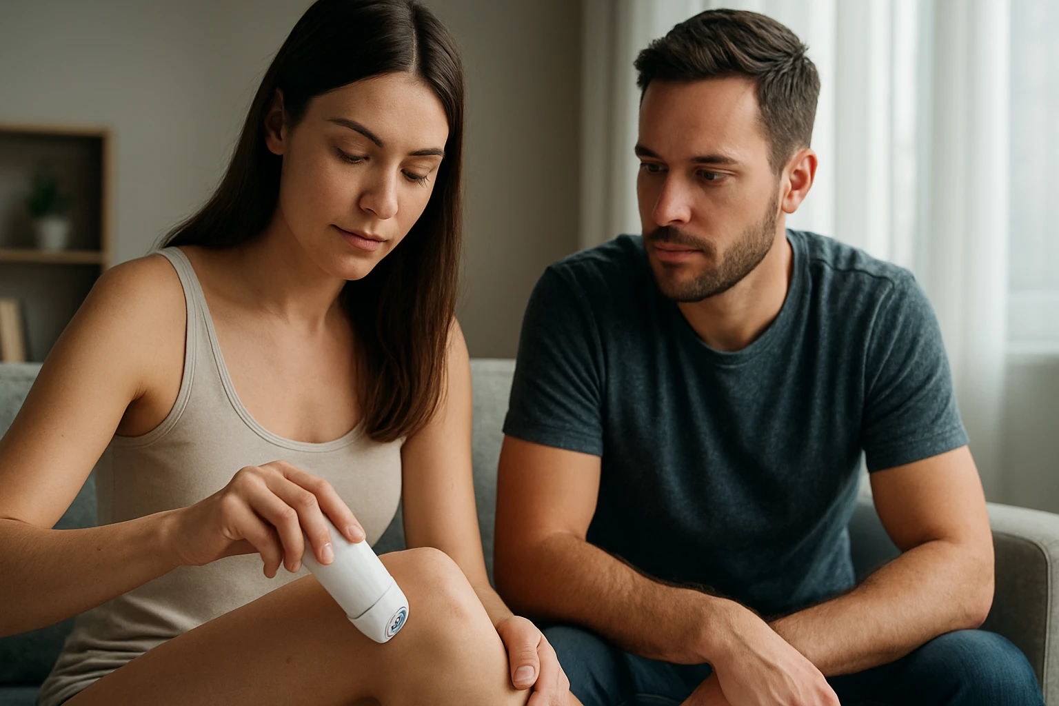 Egy nő a lábán egy krémet alkalmaz, míg egy férfi figyeli őt.