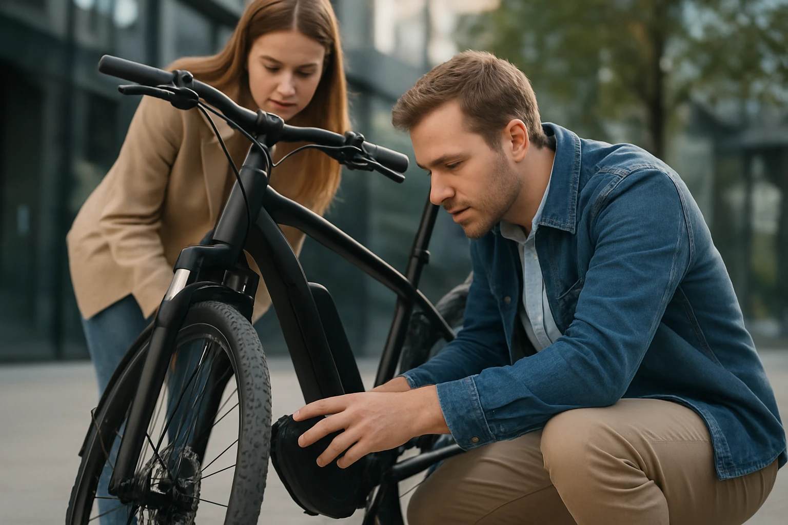 Egy férfi és egy nő egy fekete kerékpárt vizsgálnak, a nő közelről figyeli a férfi munkáját.