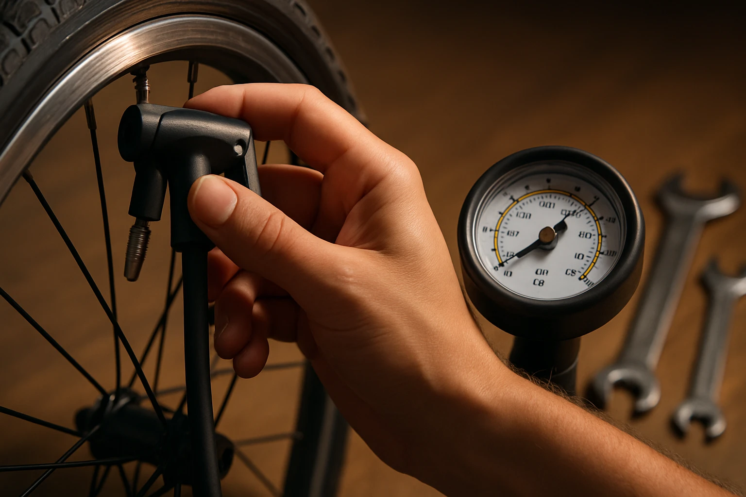Egy kéz kerékpárgumi felfújásához használ egy nyomásmérőt.