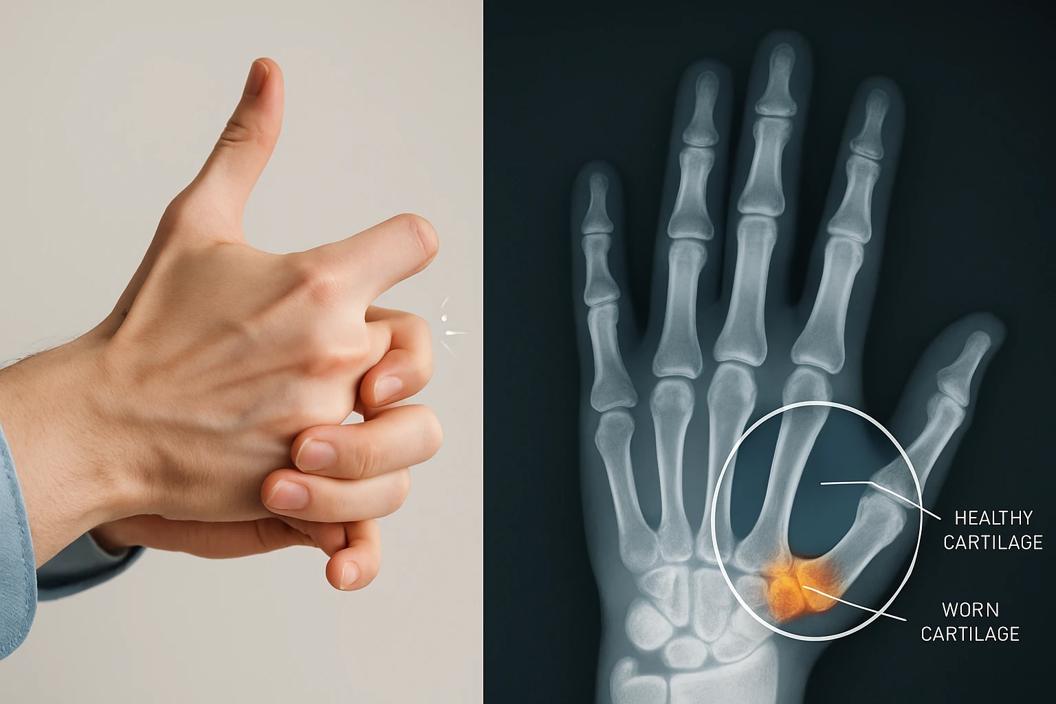 Egy kéz, amelyet összenyomnak, és egy röntgenfelvétel a kéz ízületeiről, mutatva az egészséges és kopott porcokat.
