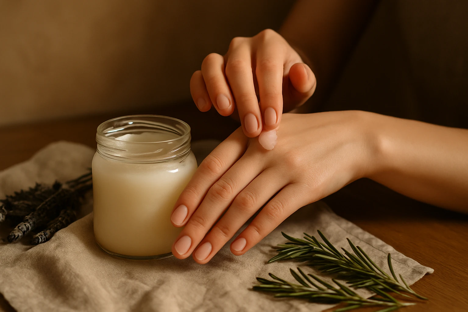 Egy női kéz krémmel keni be a másik kezét, mellette egy üvegkrém és fűszernövények láthatók.