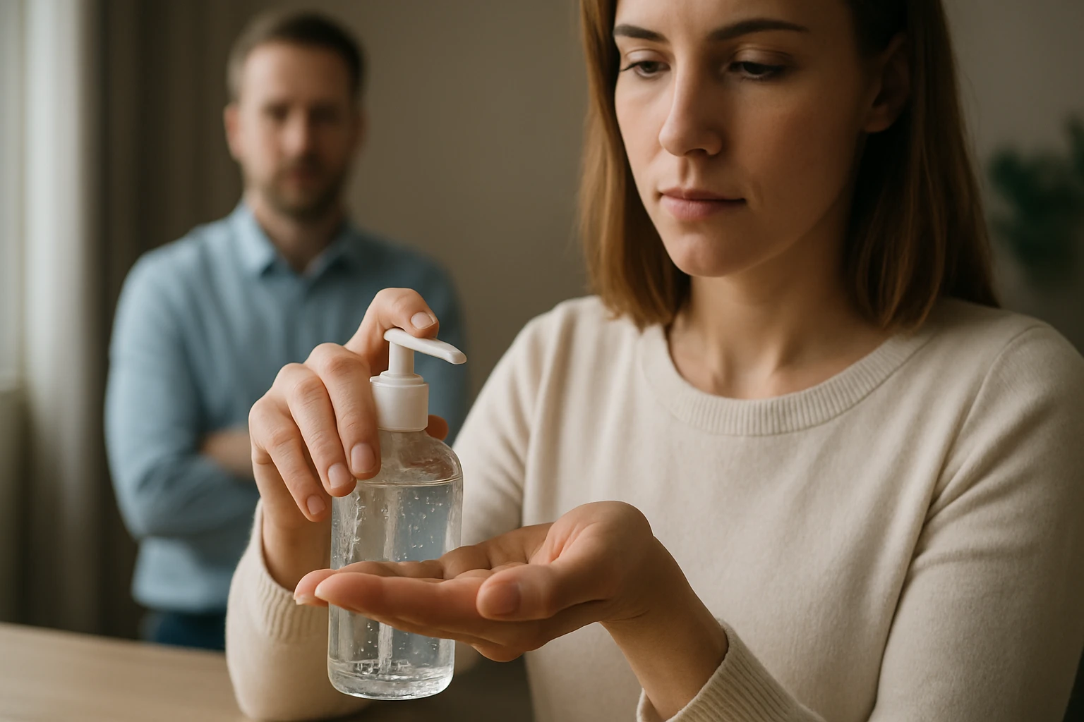 Egy nő kézben tart egy kézfertőtlenítőt, miközben a háttérben egy férfi áll.