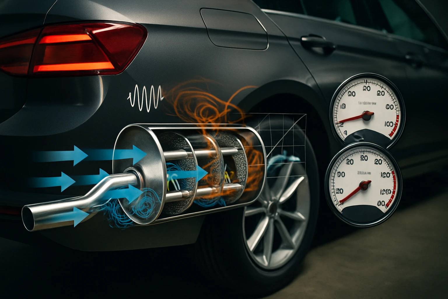 Egy autó kipufogója, amelyből kék és narancssárga légáramlatok áramlanak ki, grafikus ábrázolással.