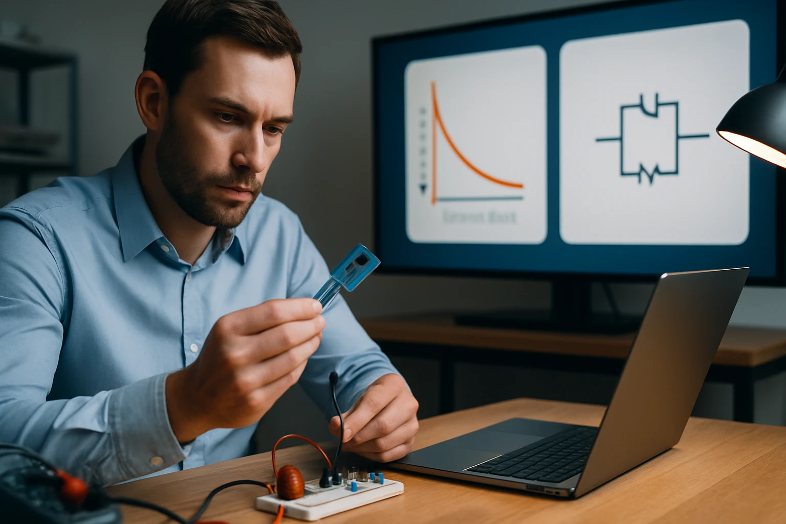 Egy férfi kísérletező eszközt tart a kezében, miközben számítógép előtt ül.