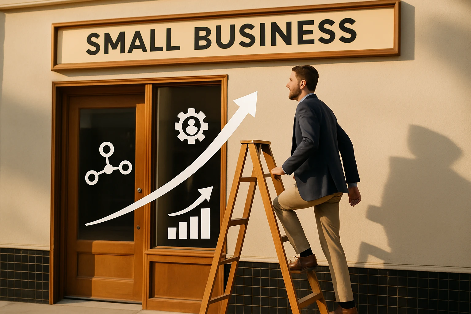 Egy férfi létrán állva néz a 'Kisvállalkozás' feliratú bolt bejárata felé.