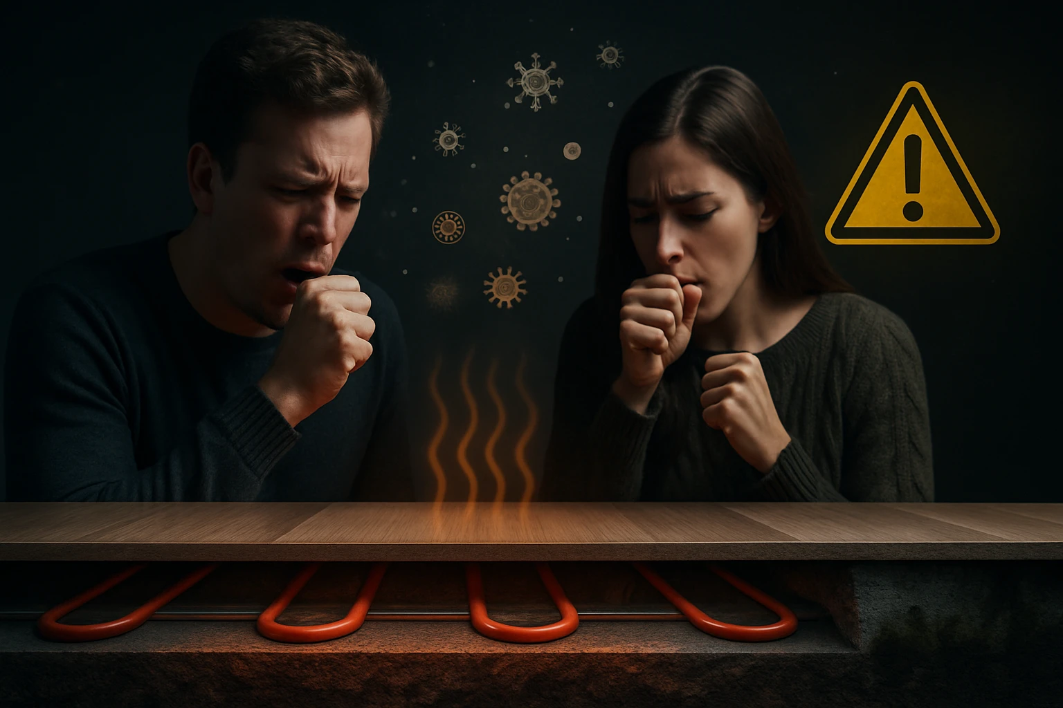 Két köhögő ember áll egy fűtőtest előtt, háttérben vírusok szimbólumai.