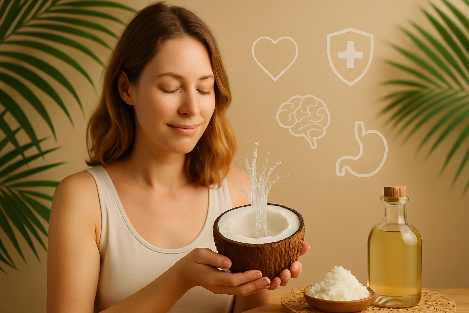 Egy nő, aki egy kókuszdiót tart a kezében, vízsugár spriccel ki belőle, körülötte egészségi szimbólumok.