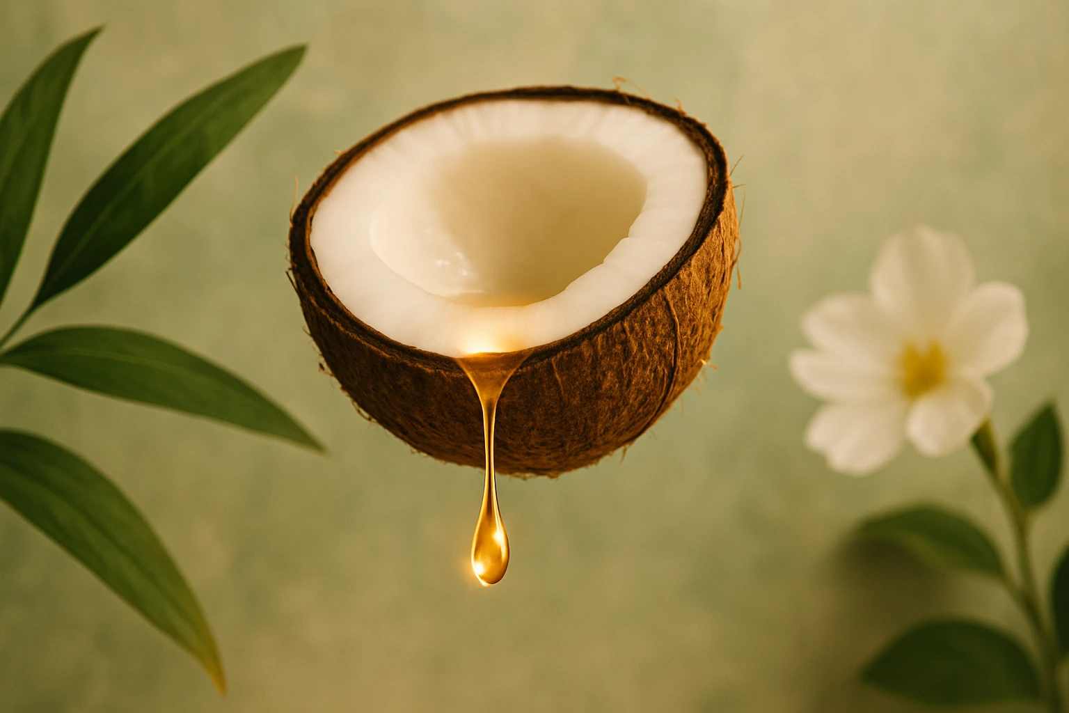 Félbevágott kókuszdió, amelyből aranyszínű folyadék csöpög, zöld háttér előtt.