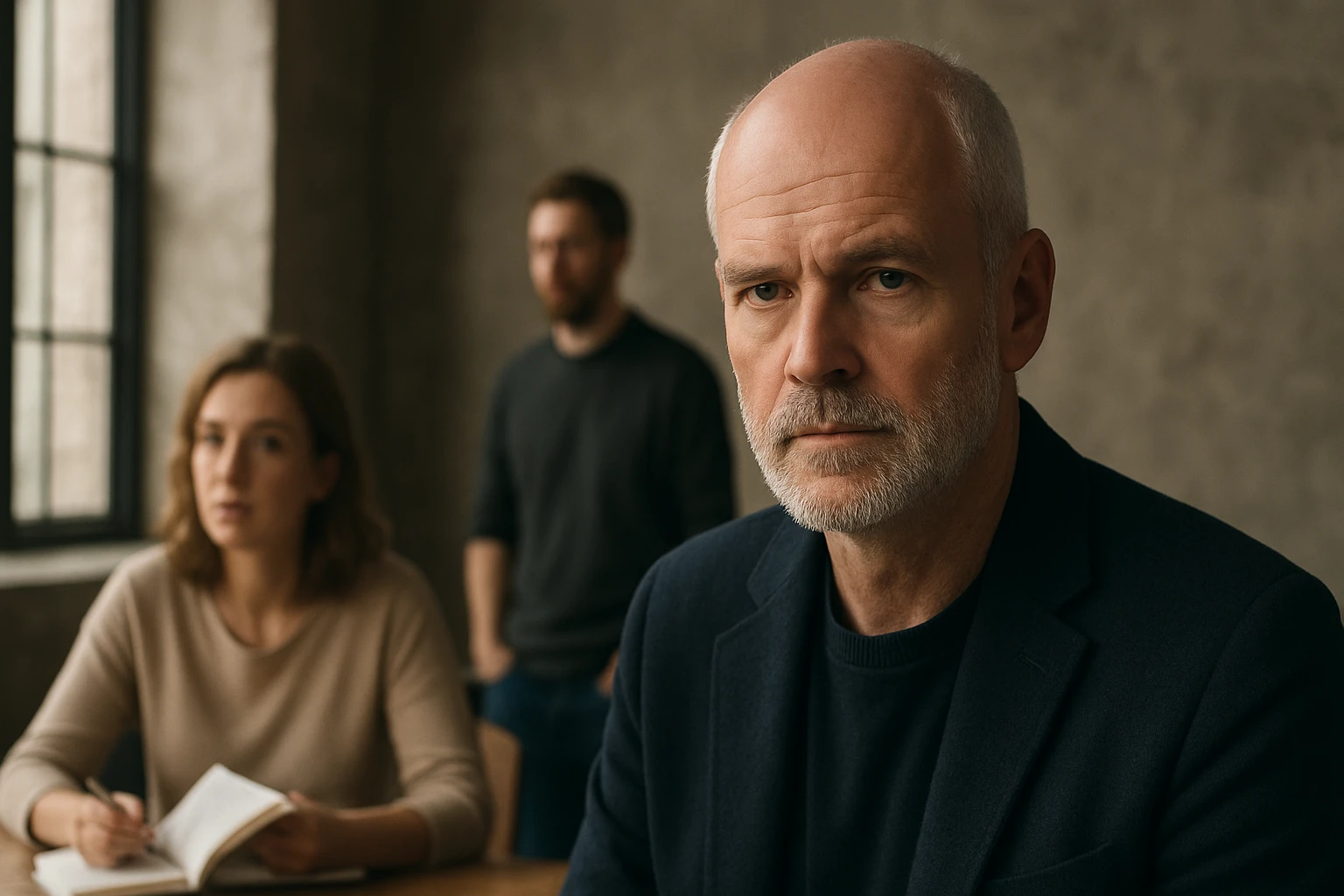 Egy férfi komoly arccal ül egy asztalnál, mögötte egy nő és egy férfi látható.