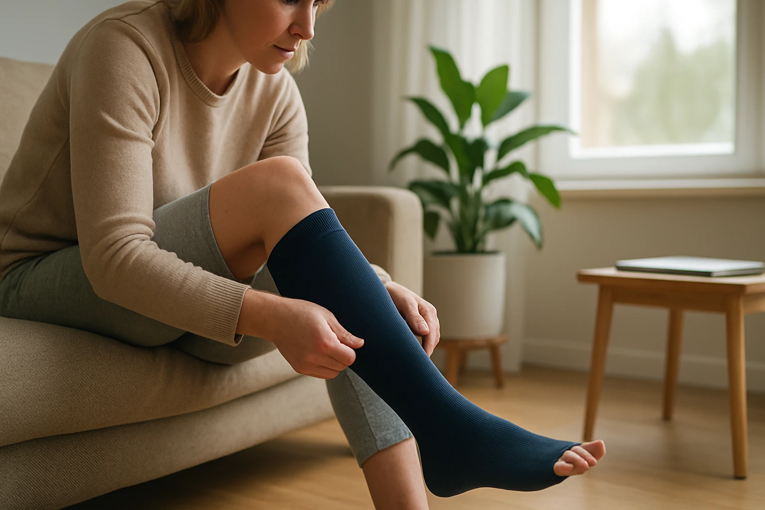 Egy nő kényelmesen ül a kanapén, és sötétkék kompressziós zoknit húz a lábára.