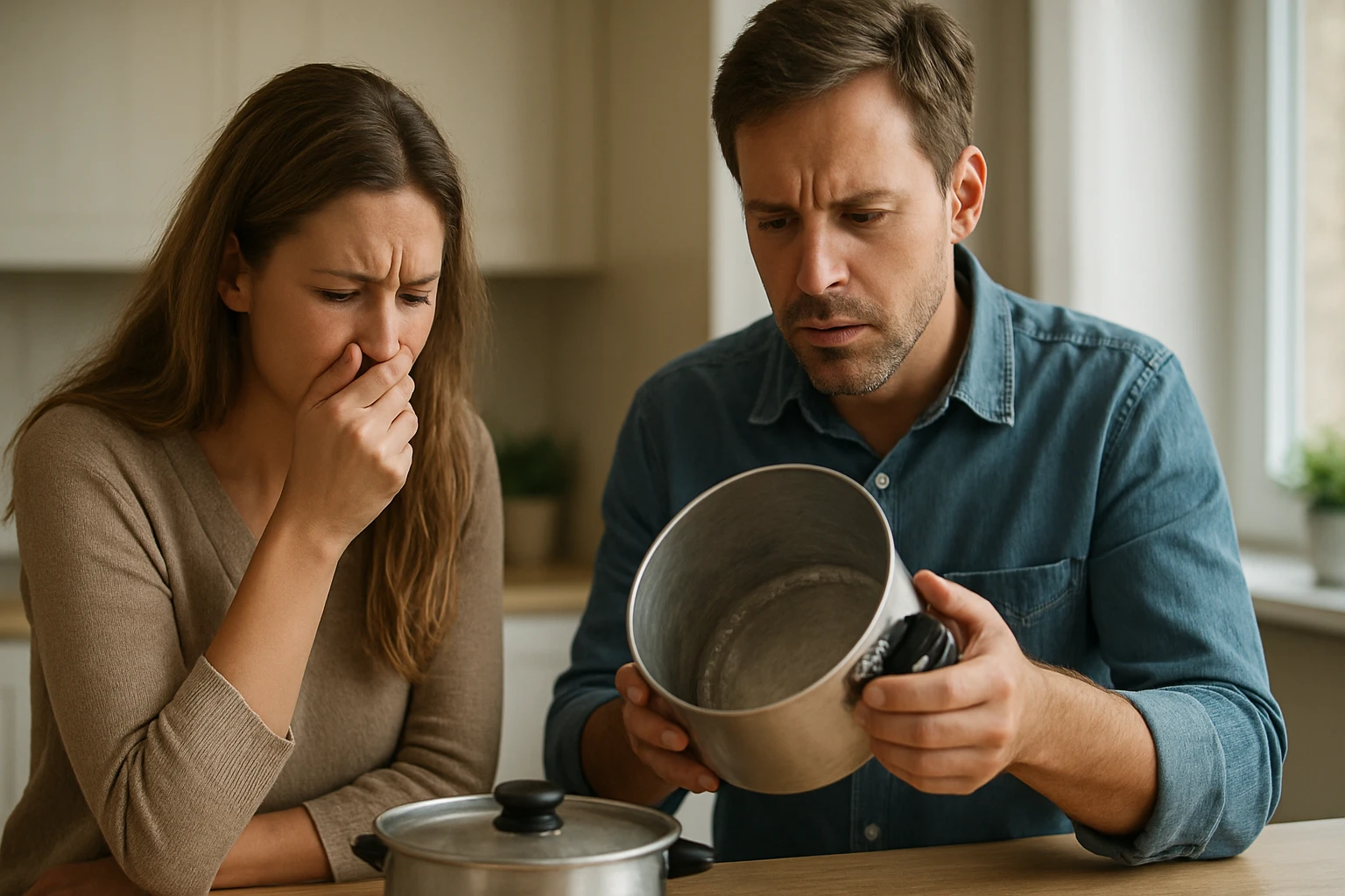Egy férfi és egy nő szomorúan néznek egy üres lábasra a konyhában.