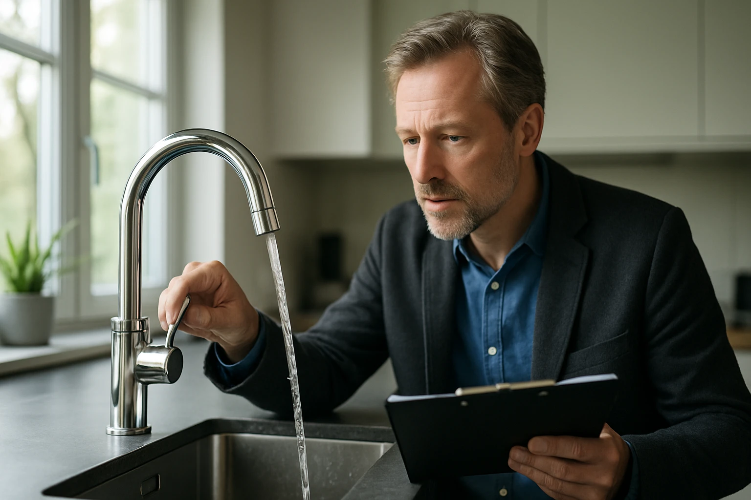Egy férfi a konyhában egy csaptelepet állít be, miközben jegyzetel.