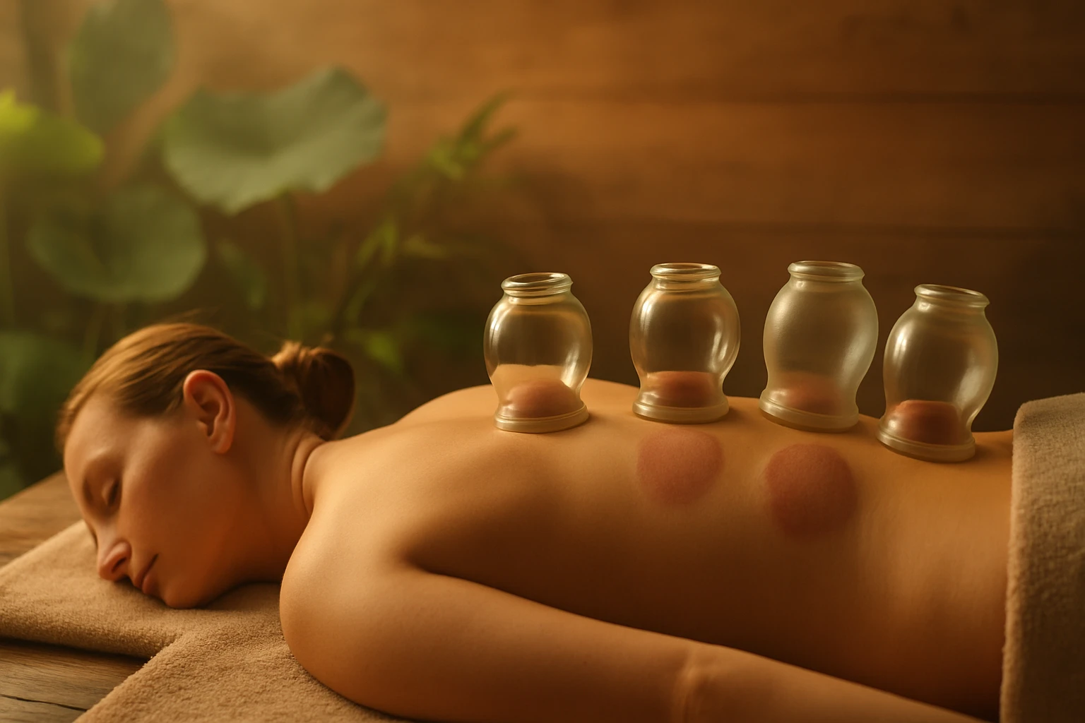 Egy nő fekvő helyzetben, hátán üvegből készült köpölyökkel, relaxáló környezetben.